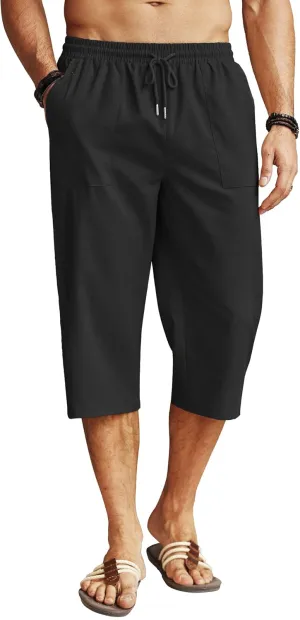 COOFANDY Men's Linen Capri Pants Casual Lightweight 3/4 Baggy Pants Drawstring Elastic Waist Beach Yoga Pants with Pockets