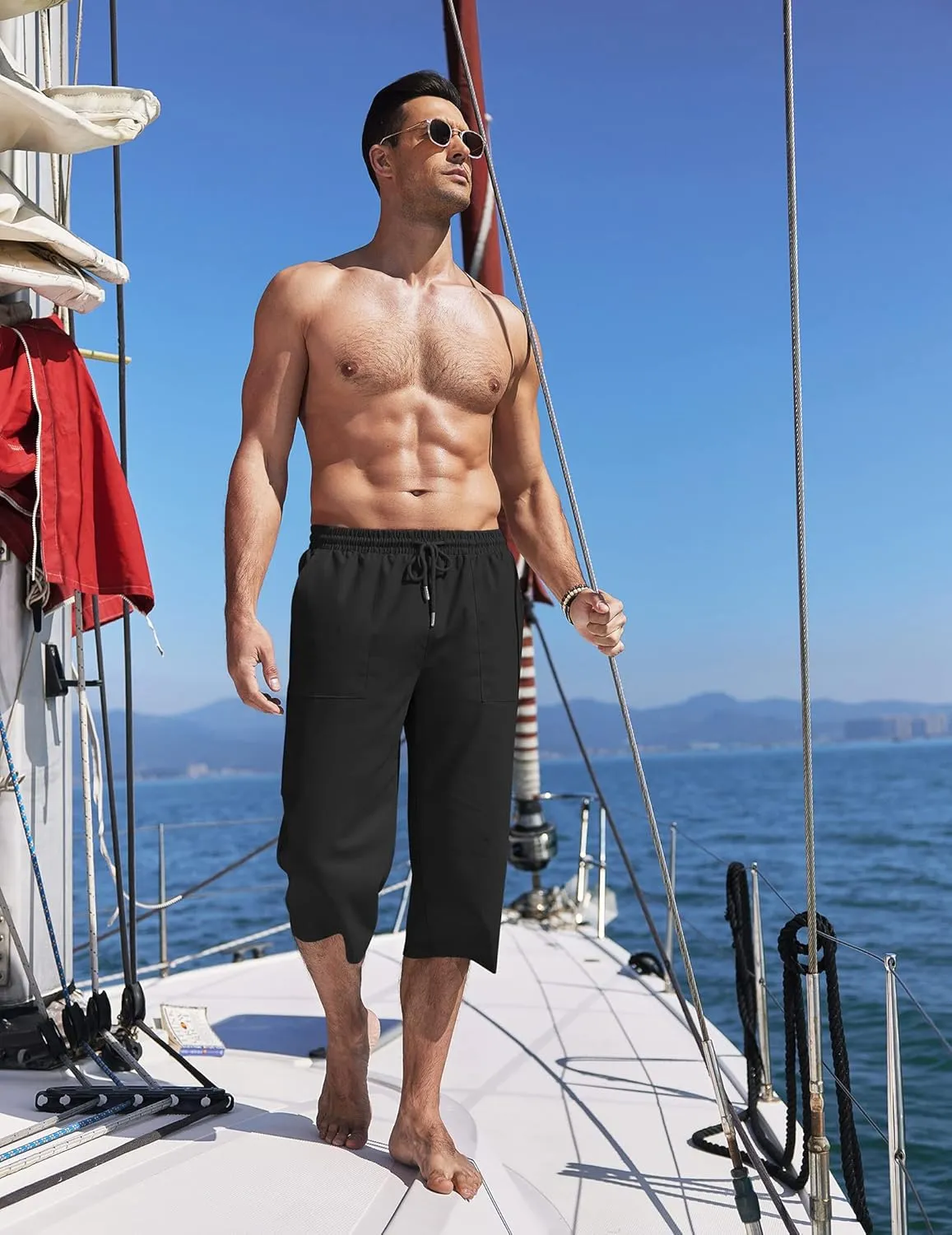 COOFANDY Men's Linen Capri Pants Casual Lightweight 3/4 Baggy Pants Drawstring Elastic Waist Beach Yoga Pants with Pockets