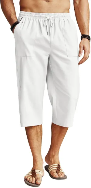 COOFANDY Men's Linen Capri Pants Casual Lightweight 3/4 Baggy Pants Drawstring Elastic Waist Beach Yoga Pants with Pockets