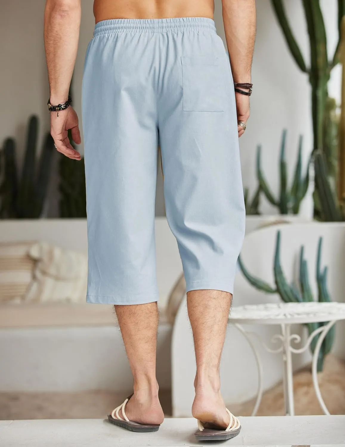 COOFANDY Men's Linen Capri Pants Casual Lightweight 3/4 Baggy Pants Drawstring Elastic Waist Beach Yoga Pants with Pockets