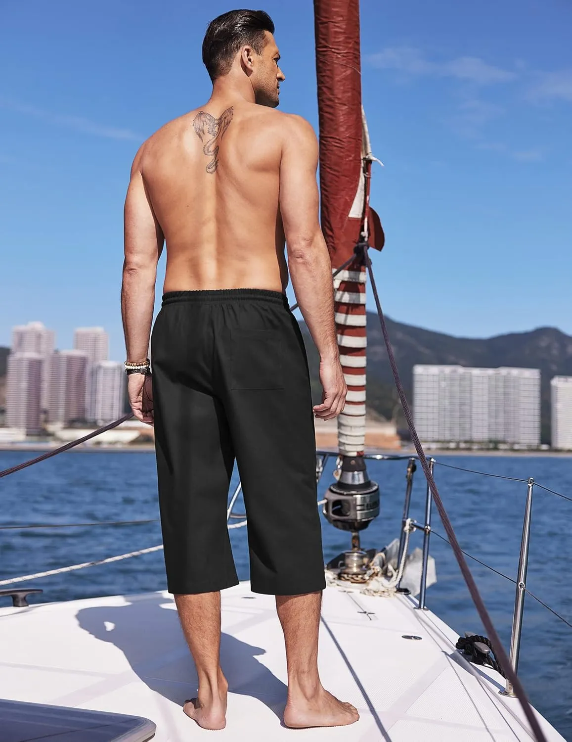 COOFANDY Men's Linen Capri Pants Casual Lightweight 3/4 Baggy Pants Drawstring Elastic Waist Beach Yoga Pants with Pockets