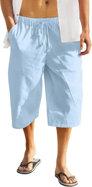 COOFANDY Men's Linen Harem Capri Pants Casual Lightweight Drawstring Yoga Pants Baggy 3/4 Beach Trousers