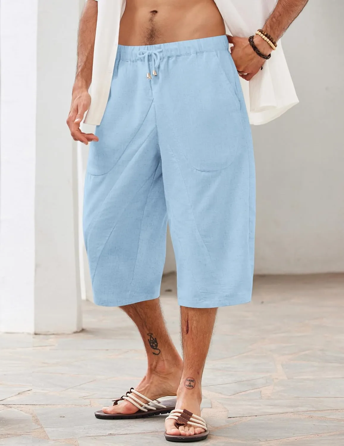 COOFANDY Men's Linen Harem Capri Pants Casual Lightweight Drawstring Yoga Pants Baggy 3/4 Beach Trousers