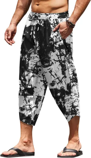 COOFANDY Men's Linen Harem Capri Pants Lightweight Loose 3/4 Shorts Drawstring Elastic Waist Casual Beach Boho Yoga Trousers