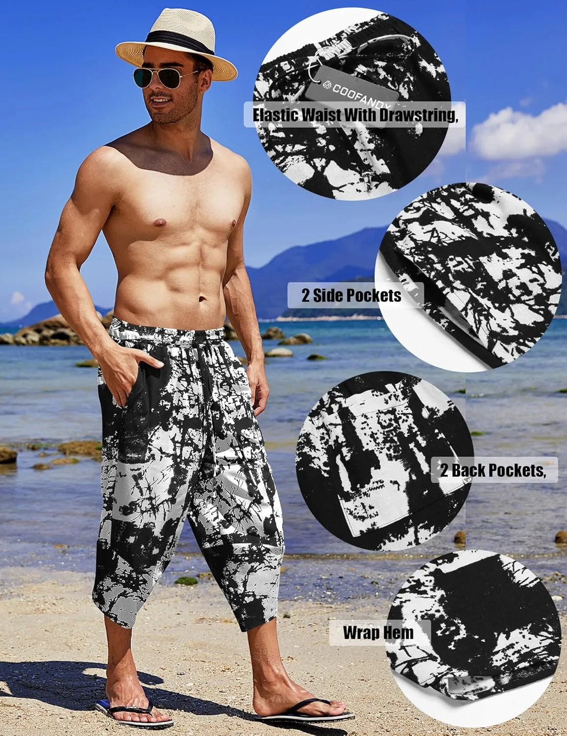 COOFANDY Men's Linen Harem Capri Pants Lightweight Loose 3/4 Shorts Drawstring Elastic Waist Casual Beach Boho Yoga Trousers