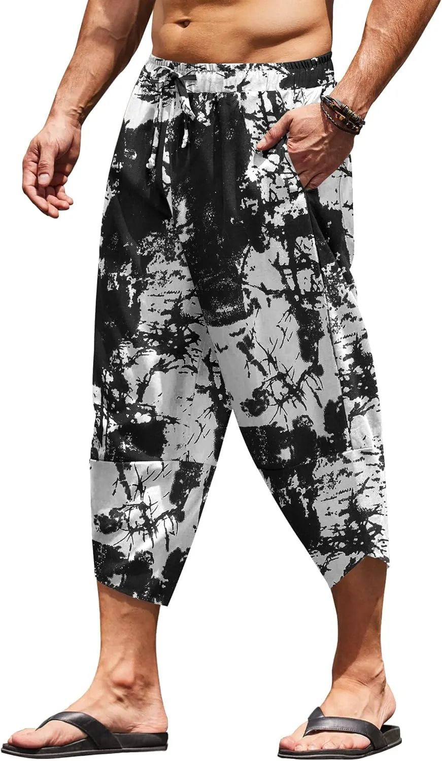 COOFANDY Men's Linen Harem Capri Pants Lightweight Loose 3/4 Shorts Drawstring Elastic Waist Casual Beach Boho Yoga Trousers
