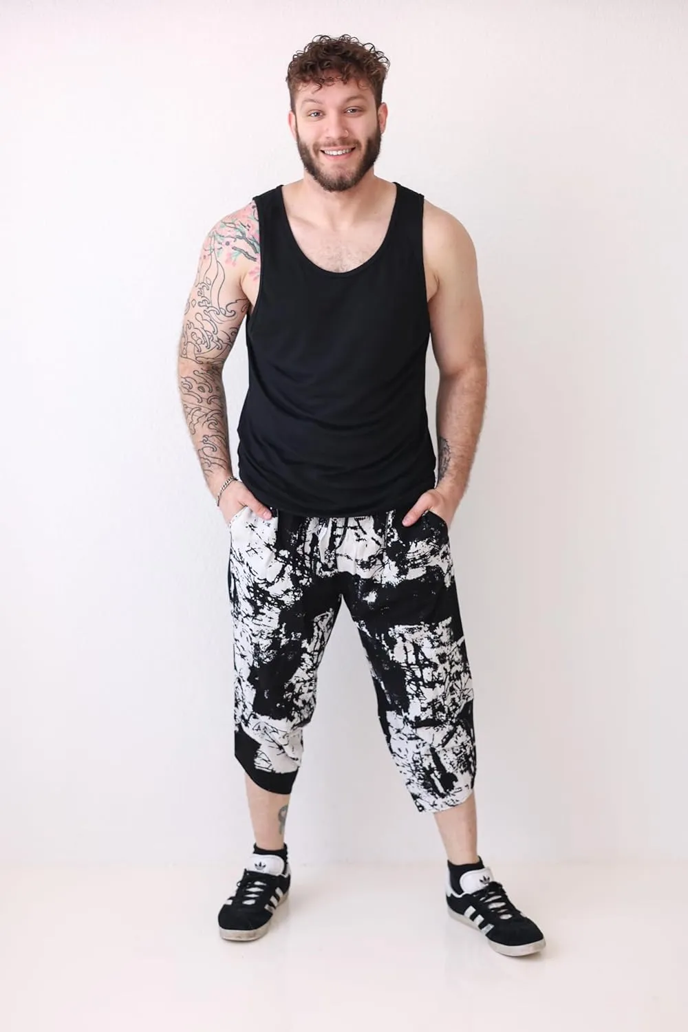 COOFANDY Men's Linen Harem Capri Pants Lightweight Loose 3/4 Shorts Drawstring Elastic Waist Casual Beach Boho Yoga Trousers