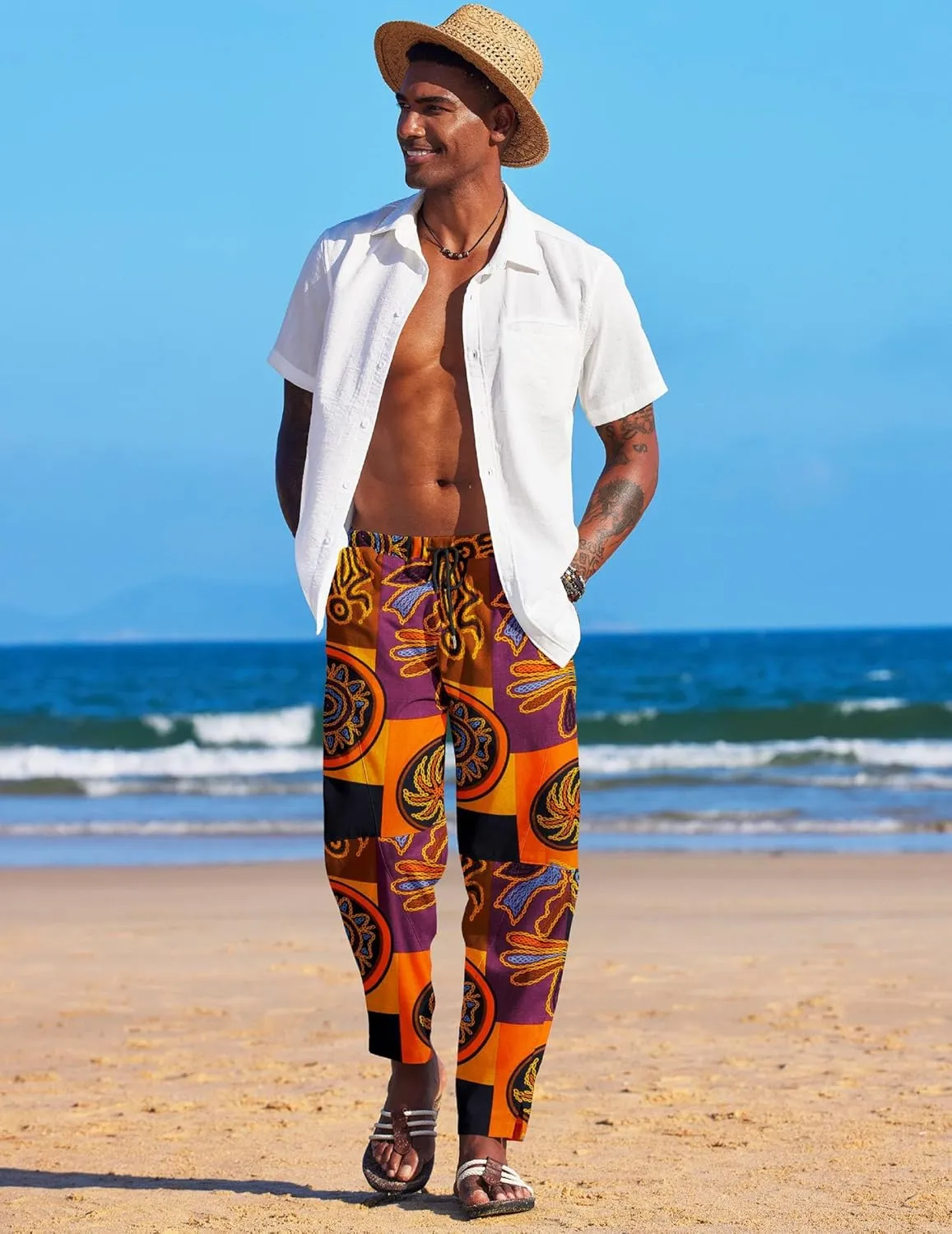 COOFANDY Men's Linen Harem Drawstring Pants Casual Elastic Waist Lightweight Trouser Hippie Summer Beach Yoga Pants