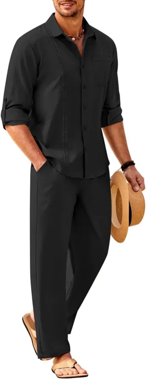 COOFANDY Mens Linen Sets 2 Piece Long Sleeve Button Down Cuban Shirt and Pants Set Summer Beach Set Outfits