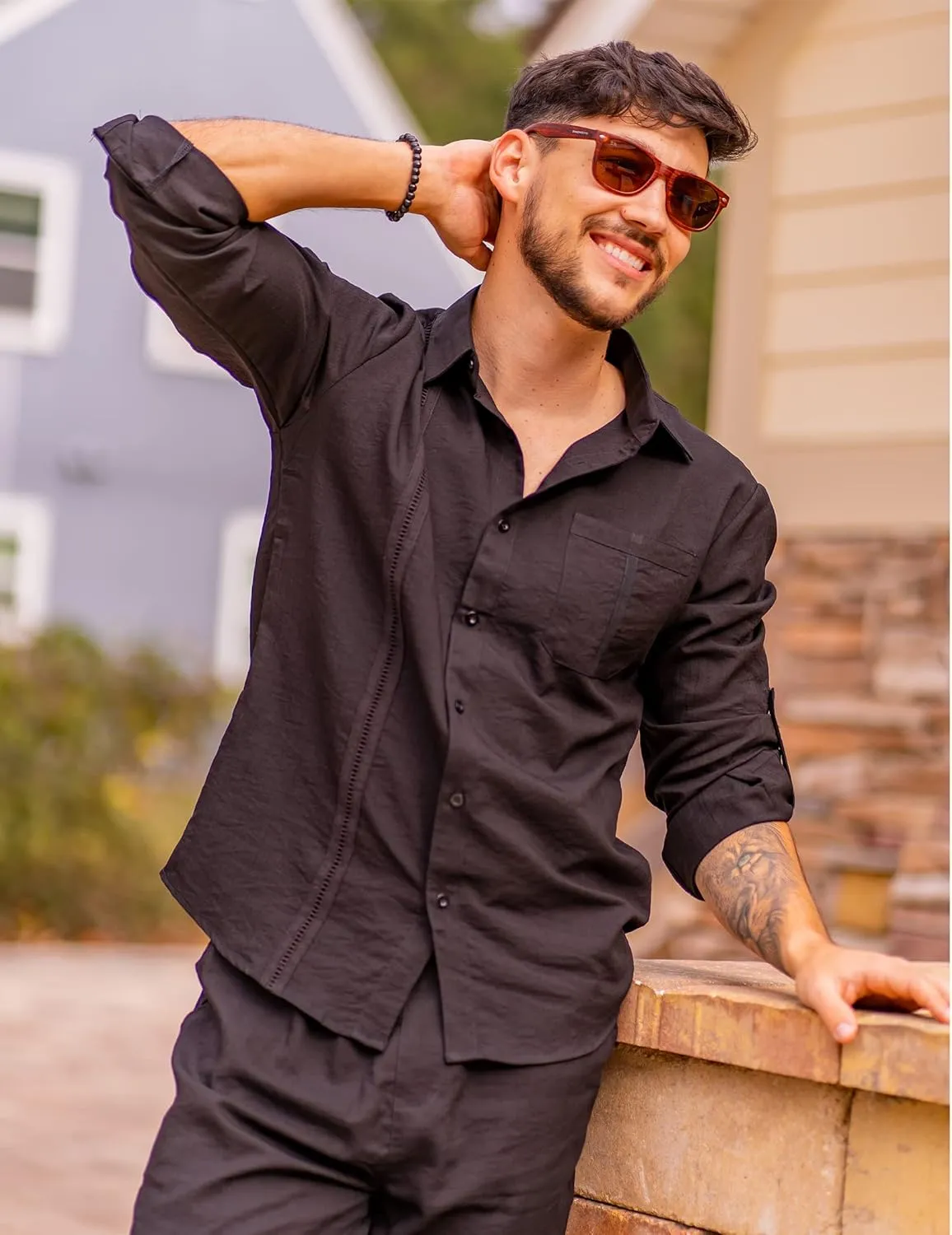 COOFANDY Mens Linen Sets 2 Piece Long Sleeve Button Down Cuban Shirt and Pants Set Summer Beach Set Outfits