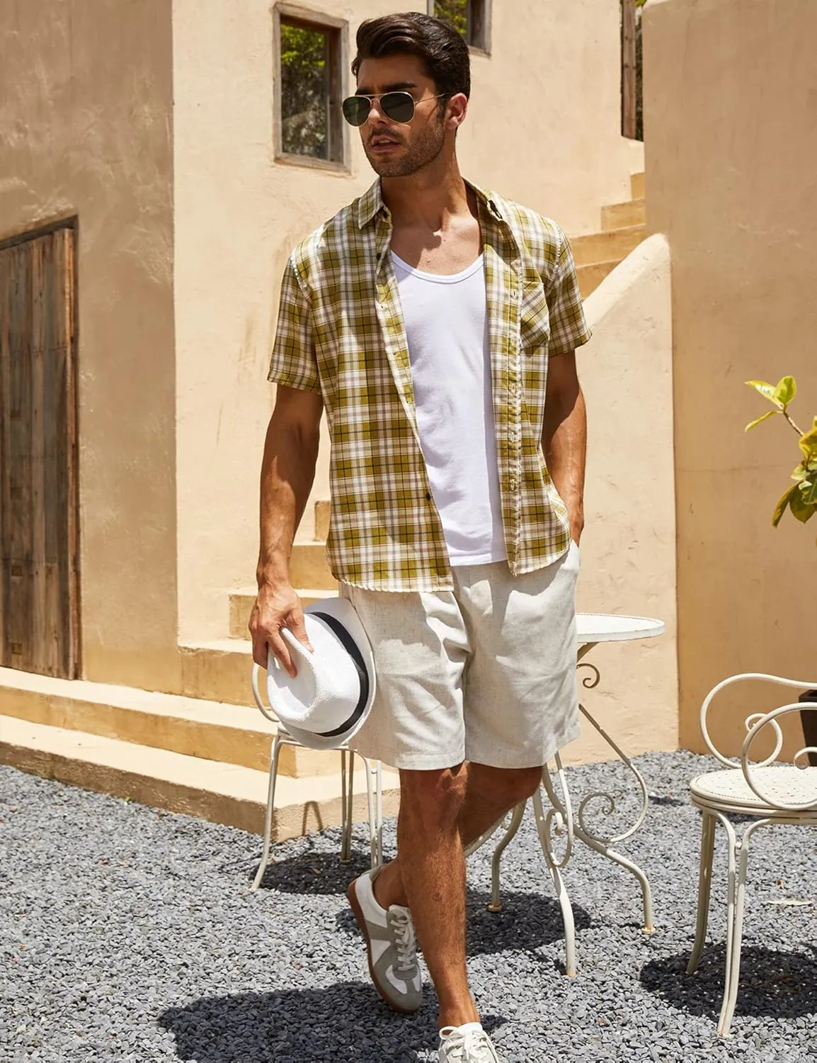 COOFANDY Men's Linen Shorts Casual Elastic Waist Drawstring Summer Beach Shorts