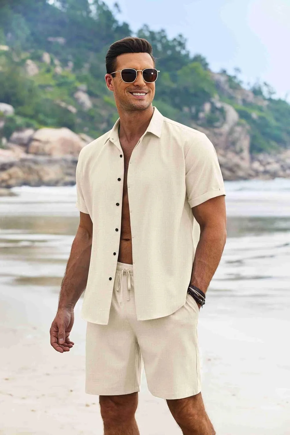 COOFANDY Men's Summer Beach Outfits 2 Piece Short Sleeve Shirts and Shorts Vacation Texture Linen Sets for Men