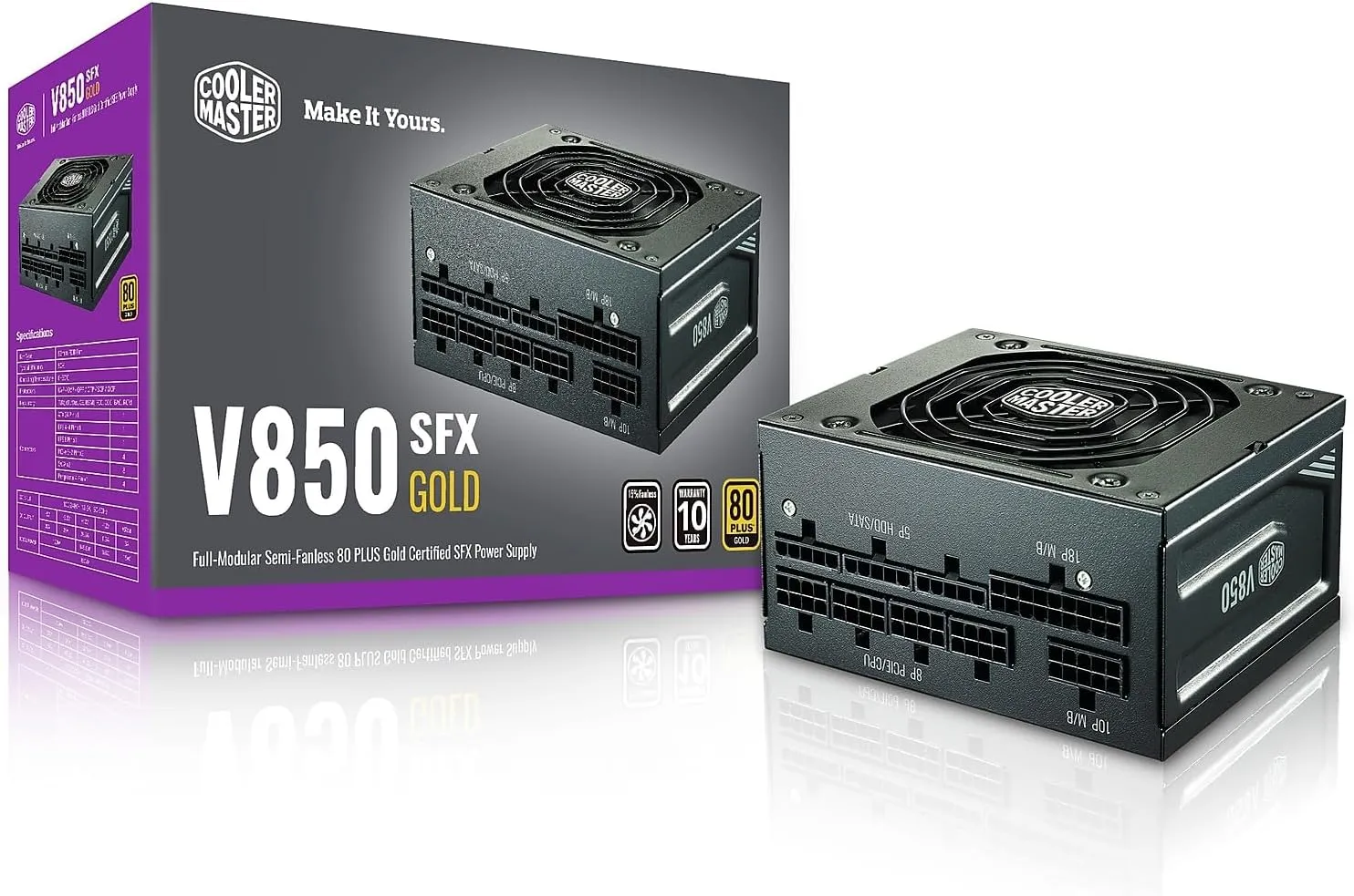 Cooler Master V850 SFX Gold Full Modular, 850W, 80  Gold Efficiency, ATX Bracket Included, Quiet FDB Fan, SFX Form Factor, 10 Year Warranty