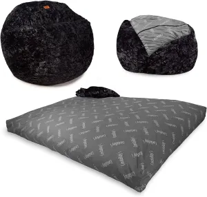 CordaRoy's Faux Fur Bean Bag-Convertible Bean Bag Chair & Bed-Machine-Washable Faux Fur Fabric Cover for Basement, Living Room, Game Room, Dorm & More - Full Size - Black | Made in The USA