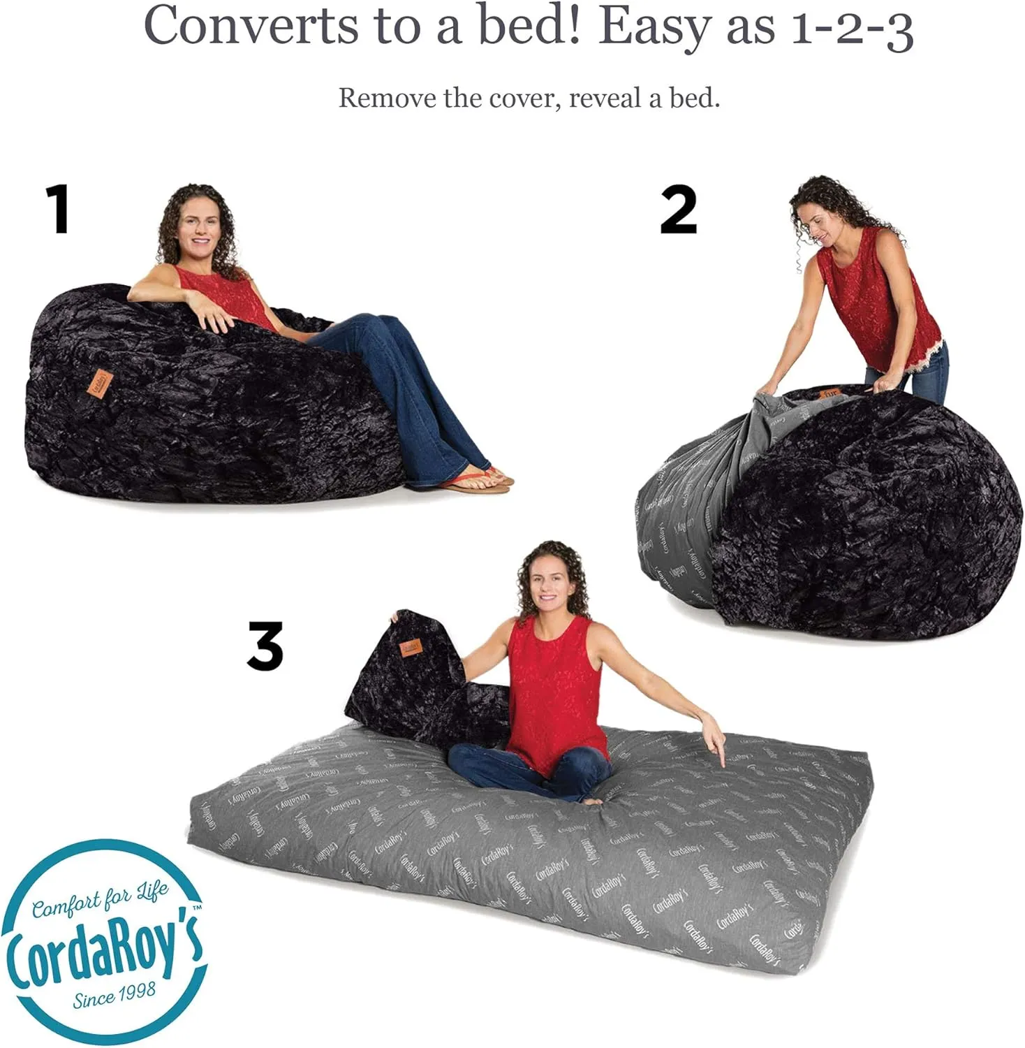CordaRoy's Faux Fur Bean Bag-Convertible Bean Bag Chair & Bed-Machine-Washable Faux Fur Fabric Cover for Basement, Living Room, Game Room, Dorm & More - Full Size - Black | Made in The USA