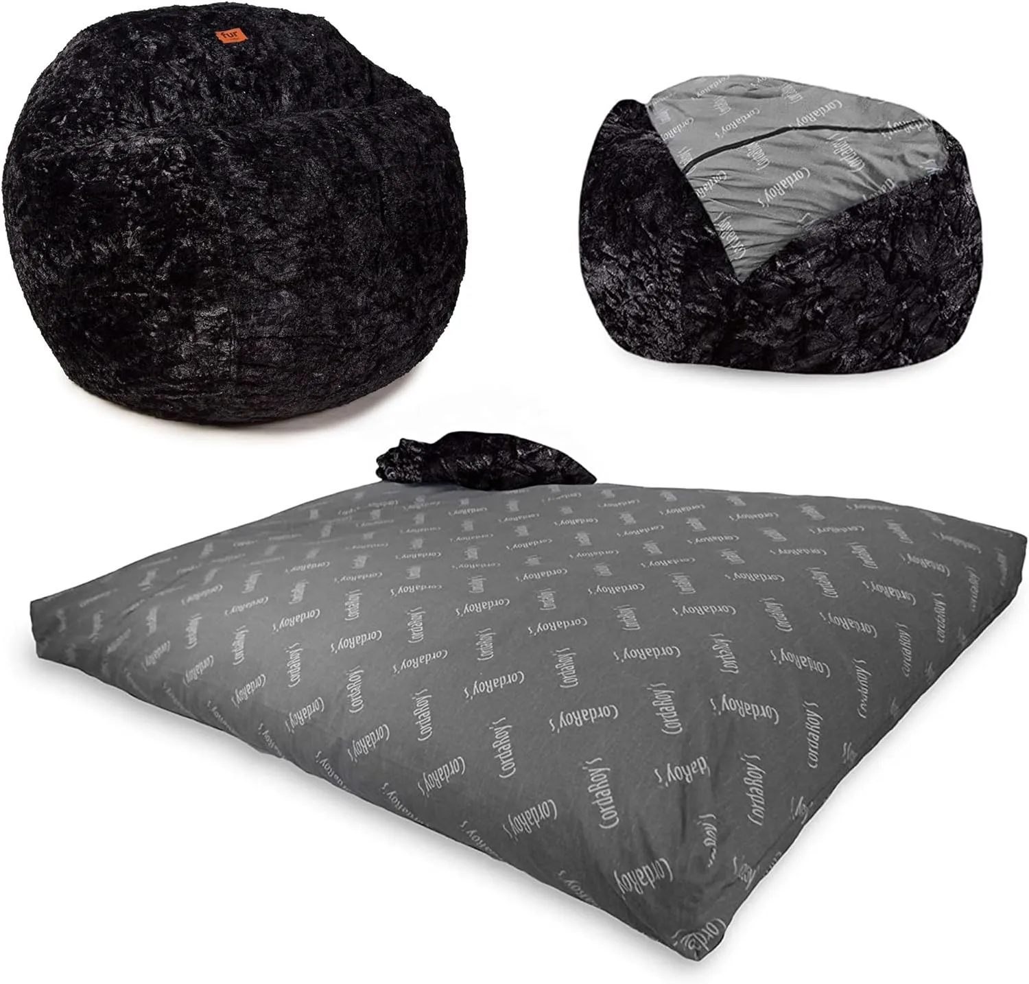 CordaRoy's Faux Fur Bean Bag-Convertible Bean Bag Chair & Bed-Machine-Washable Faux Fur Fabric Cover for Basement, Living Room, Game Room, Dorm & More - Full Size - Black | Made in The USA