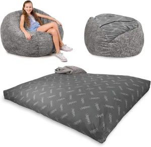 CordaRoy's Faux Fur Bean Bag-Convertible Bean Bag Chair & Bed-Machine-Washable Faux Fur Fabric Cover for Basement, Living Room, Game Room, Dorm & More - Full Size - Grey | Made in The USA