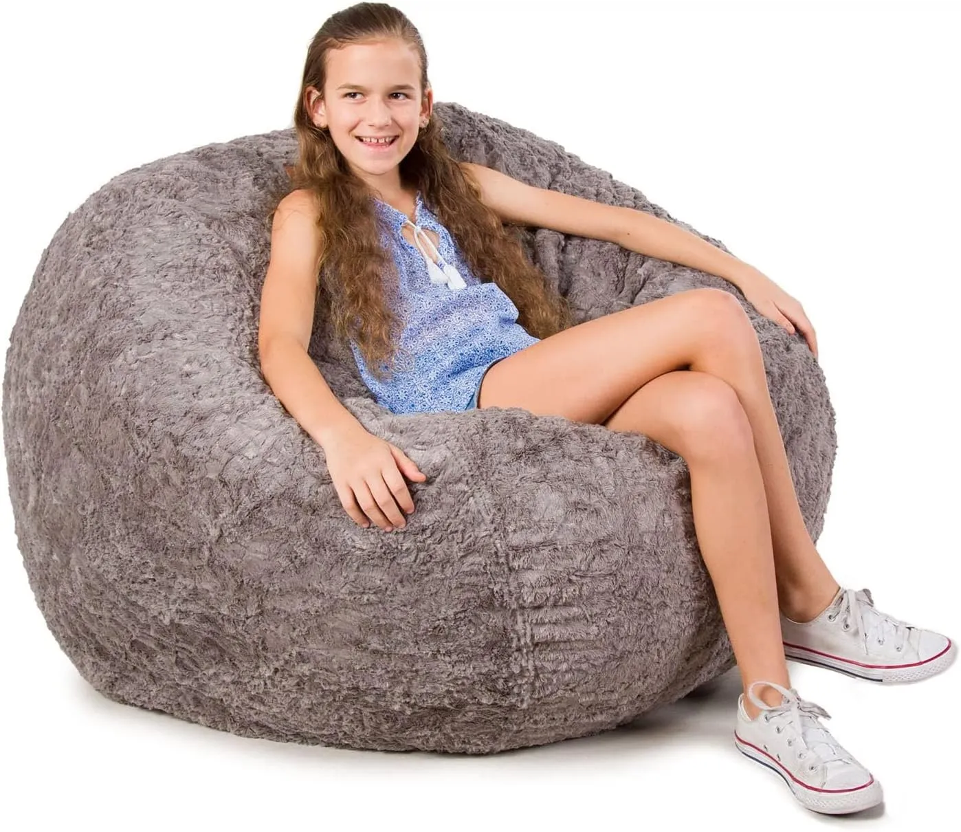 CordaRoy's Faux Fur Bean Bag-Convertible Bean Bag Chair & Bed-Machine-Washable Faux Fur Fabric Cover for Basement, Living Room, Game Room, Dorm & More - Full Size - Grey | Made in The USA