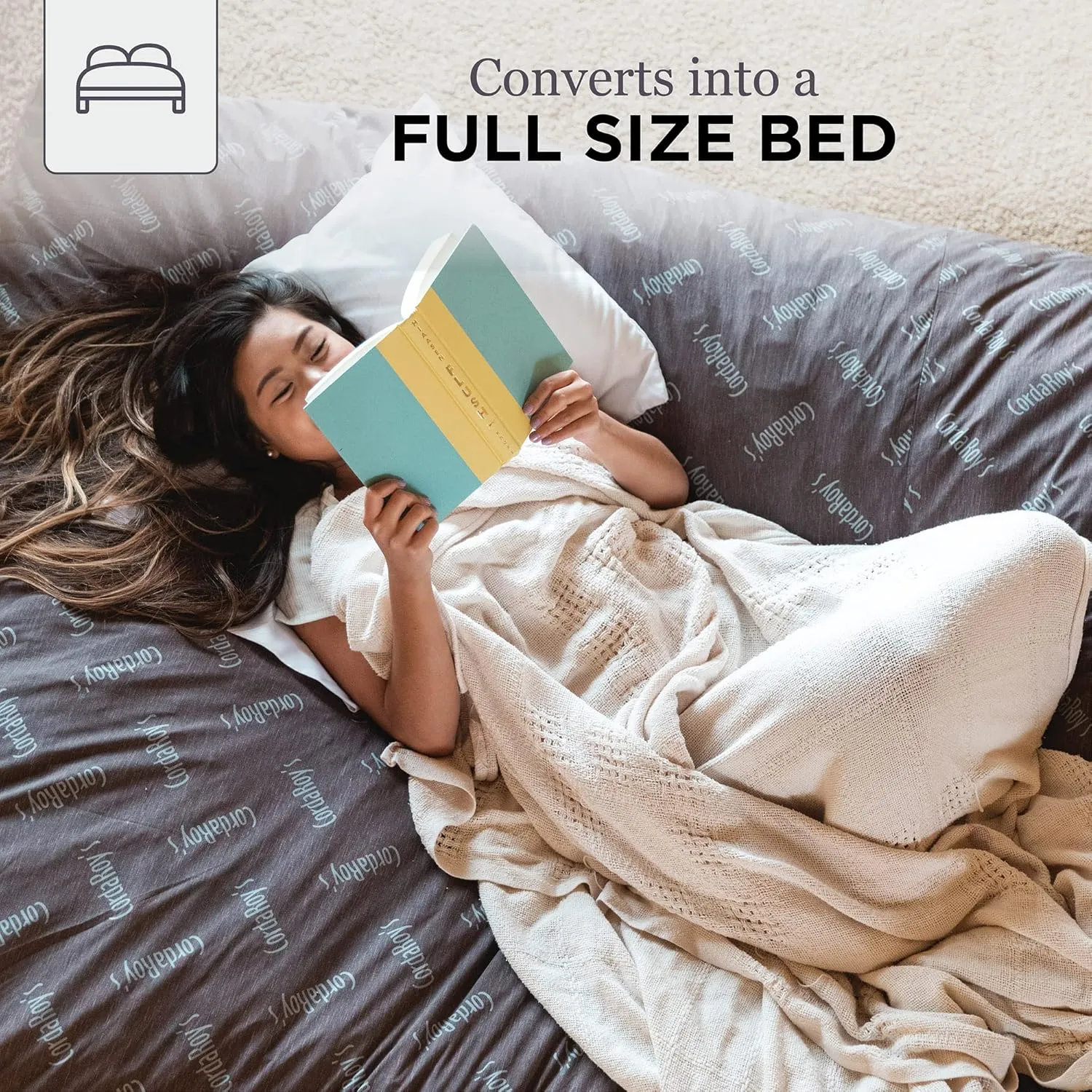 CordaRoy's Faux Fur Bean Bag-Convertible Bean Bag Chair & Bed-Machine-Washable Faux Fur Fabric Cover for Basement, Living Room, Game Room, Dorm & More - Full Size - Grey | Made in The USA