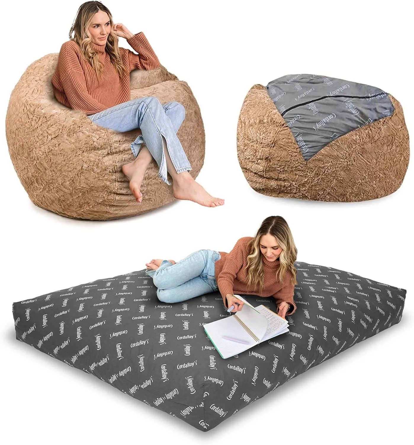 CordaRoy's Faux Fur Bean Bag-Convertible Bean Bag Chair & Bed-Machine-Washable Faux Fur Fabric Cover for Basement, Living Room, Game Room, Dorm & More - Full Size - Tan | Made in The USA