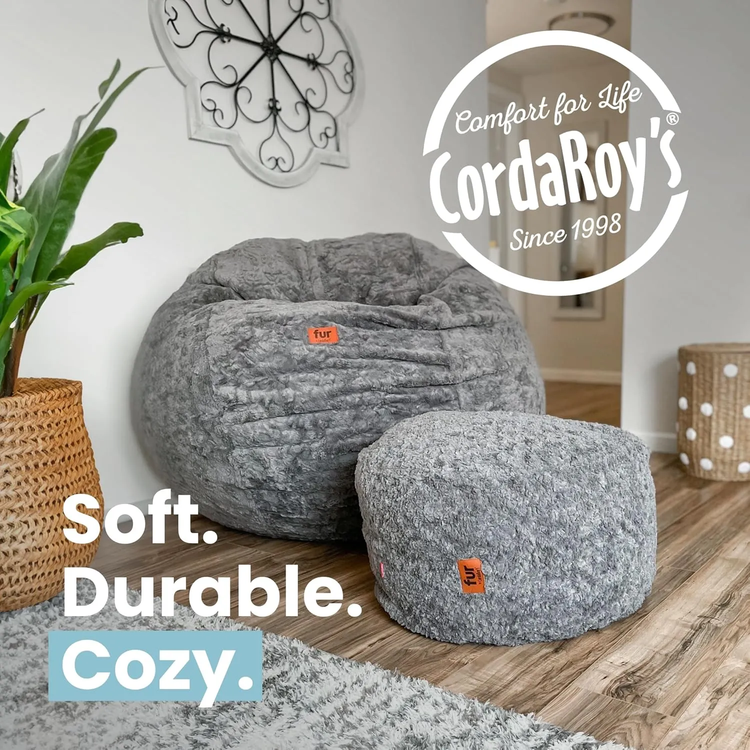 CordaRoy's Faux Fur Bean Bag-Convertible Bean Bag Chair & Bed-Machine-Washable Faux Fur Fabric Cover for Basement, Living Room, Game Room, Dorm & More - Full Size - Tan | Made in The USA