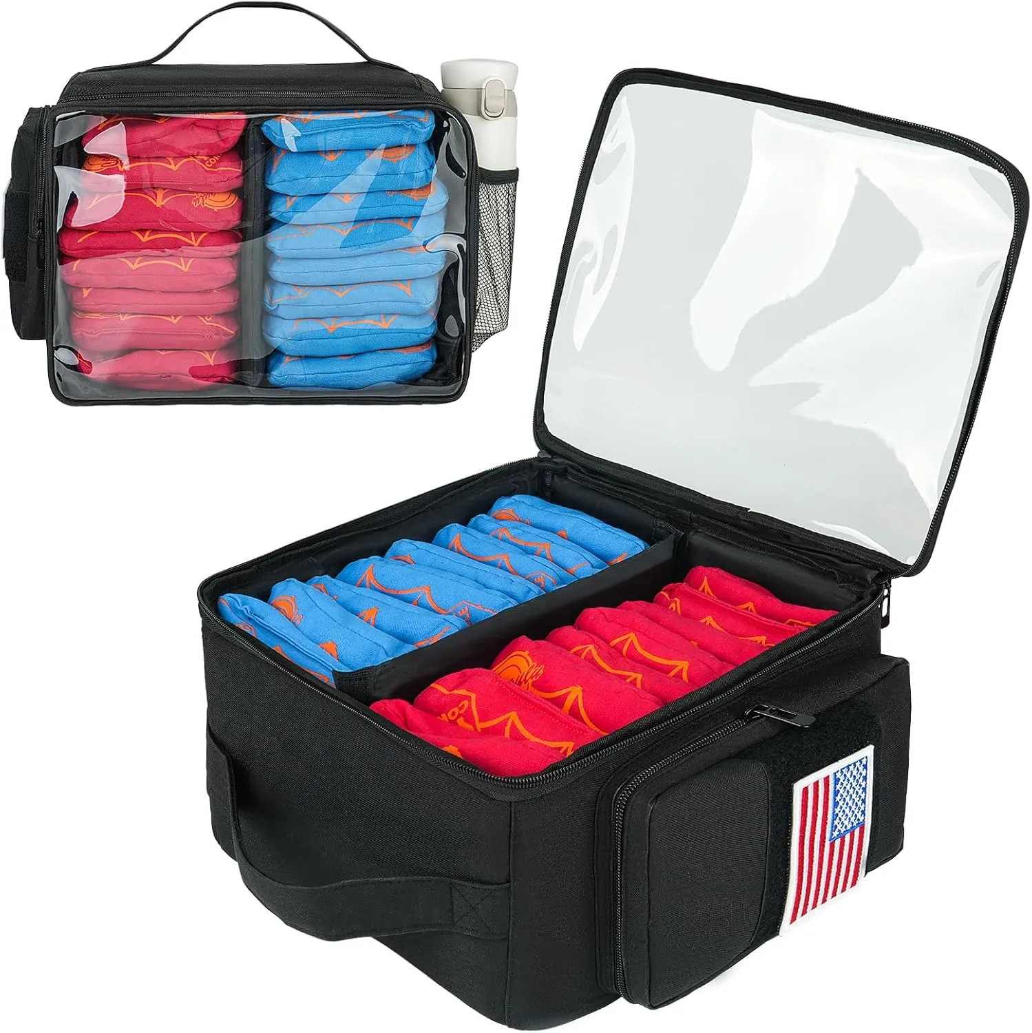 Cornhole Bag Carry Case Holds Set of 8 Regulation Beanbags, Cornhole Bean Carrying Case with Padded Divider and US Flag Patch for Men Women, Black (Bag Only)