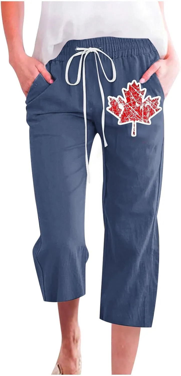 Cotton Linen Capri Pants for Women Fashion Printed Drawstring High Waist Cropped Trousers Lightweight Baggy Pants