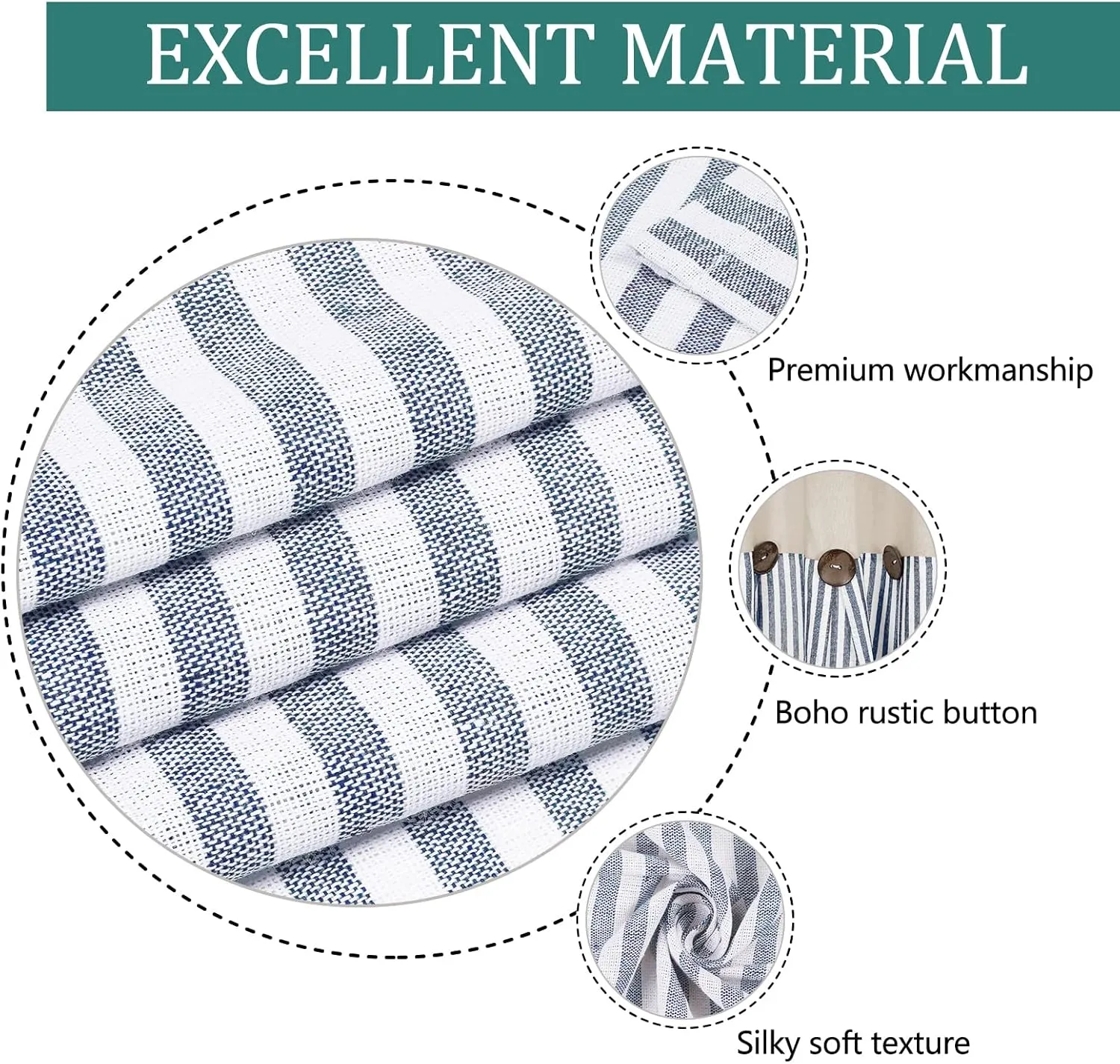 Cotton Linen Farmhouse Curtains Rustic Button Boho Curtains for Bedroom Rod Pocket & Back Tab Bohemian Curtains Natural/Blue Stripe Color Block Window Curtain for Living Room(52 x 84 Inch, 2 Panels)