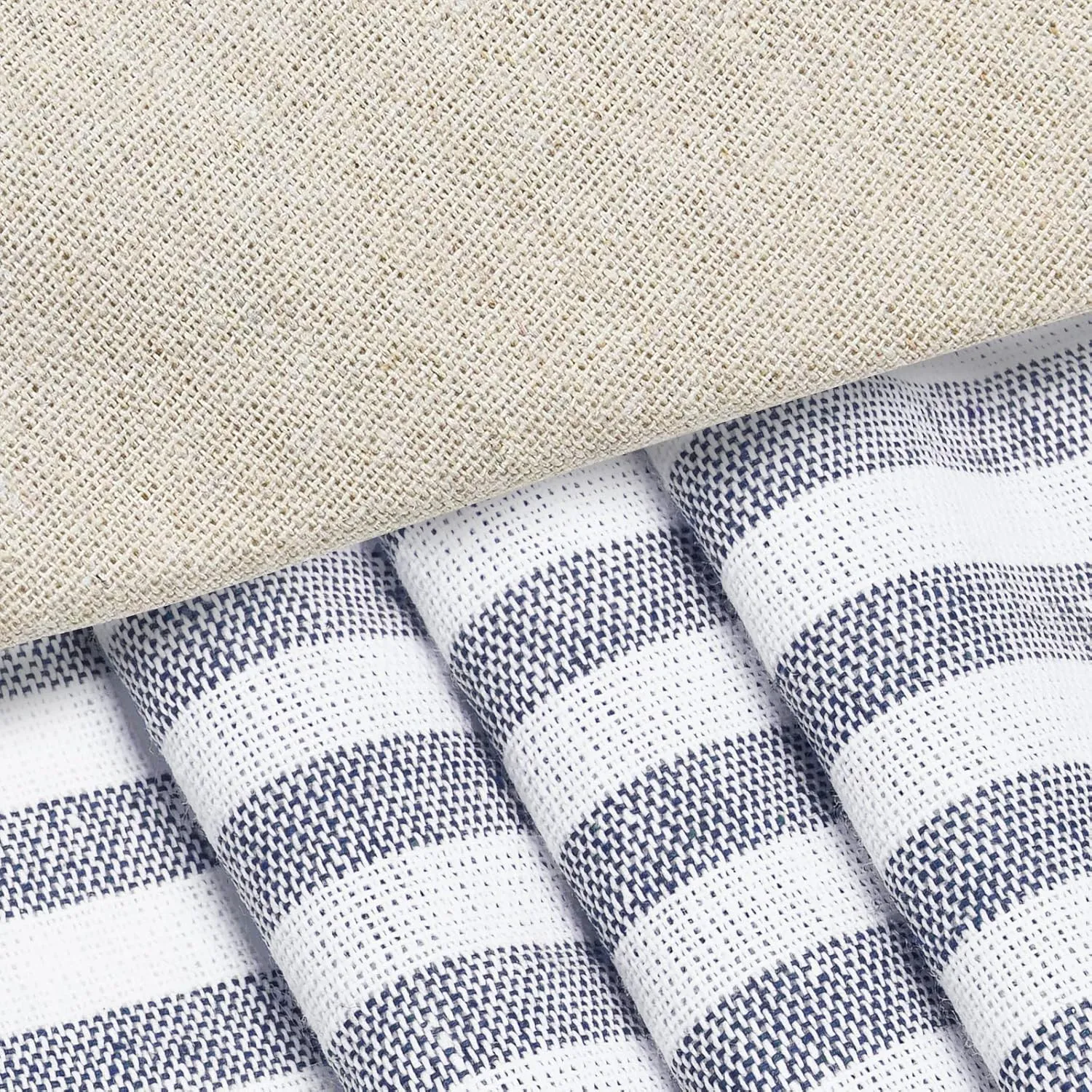 Cotton Linen Farmhouse Curtains Rustic Button Boho Curtains for Bedroom Rod Pocket & Back Tab Bohemian Curtains Natural/Blue Stripe Color Block Window Curtain for Living Room(52 x 84 Inch, 2 Panels)