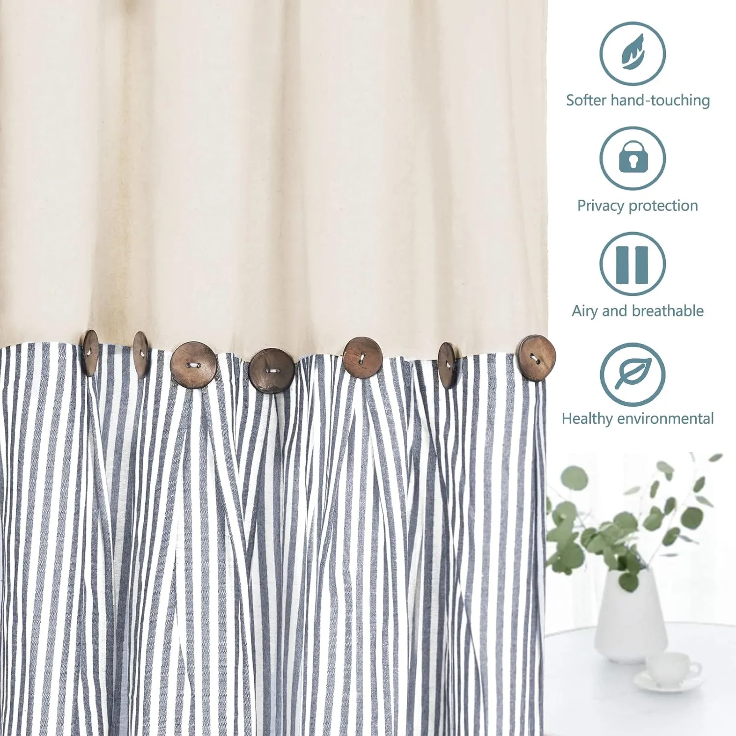 Cotton Linen Farmhouse Curtains Rustic Button Boho Curtains for Bedroom Rod Pocket & Back Tab Bohemian Curtains Natural/Blue Stripe Color Block Window Curtain for Living Room(52 x 84 Inch, 2 Panels)