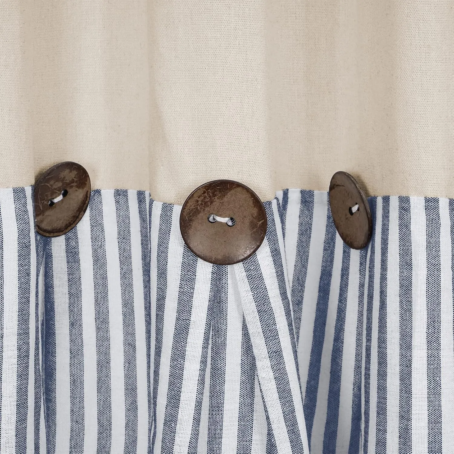 Cotton Linen Farmhouse Curtains Rustic Button Boho Curtains for Bedroom Rod Pocket & Back Tab Bohemian Curtains Natural/Blue Stripe Color Block Window Curtain for Living Room(52 x 84 Inch, 2 Panels)