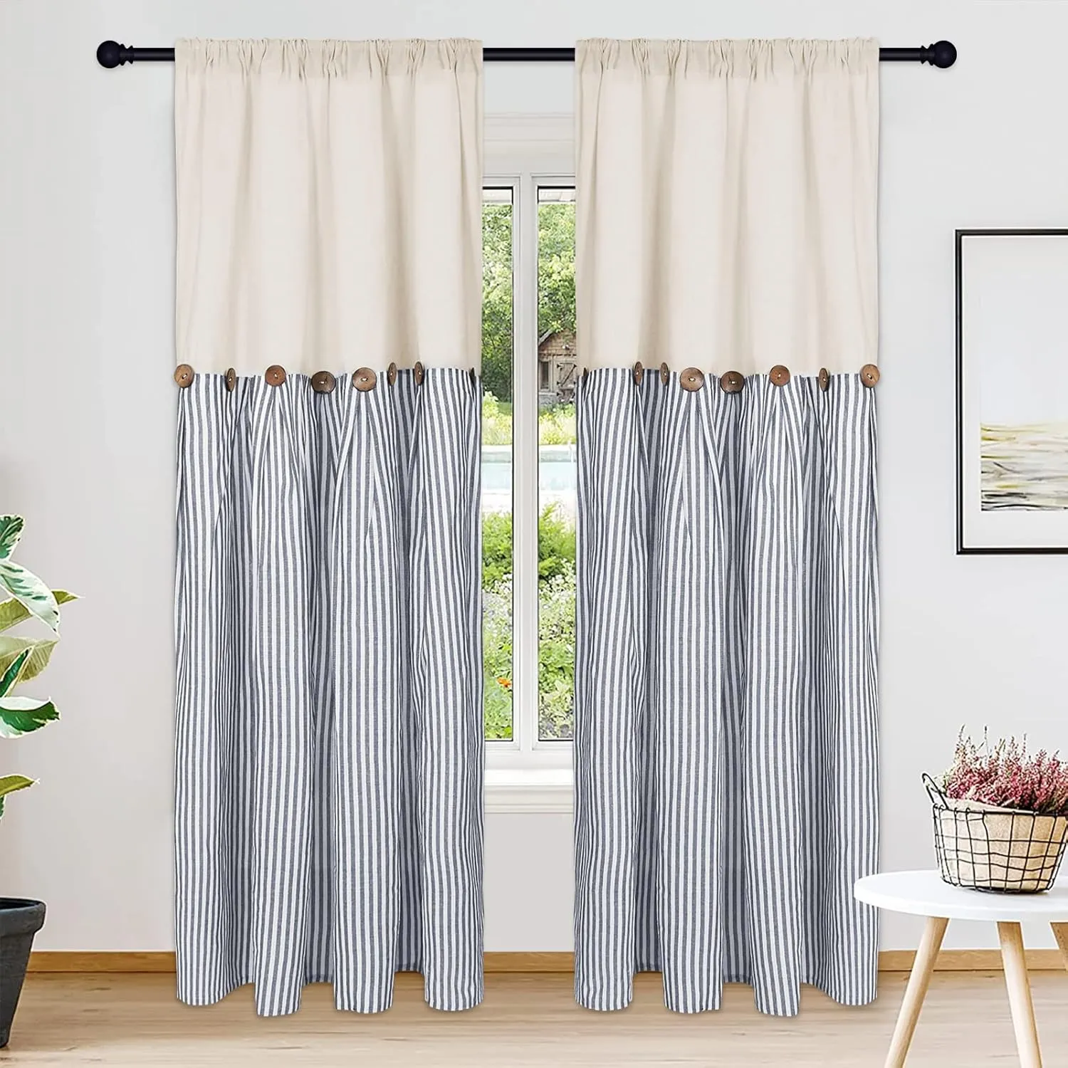 Cotton Linen Farmhouse Curtains Rustic Button Boho Curtains for Bedroom Rod Pocket & Back Tab Bohemian Curtains Natural/Blue Stripe Color Block Window Curtain for Living Room(52 x 84 Inch, 2 Panels)