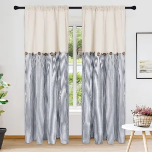 Cotton Linen Farmhouse Curtains Rustic Button Boho Curtains for Bedroom Rod Pocket & Back Tab Bohemian Curtains Natural/Blue Stripe Color Block Window Curtain for Living Room(52 x 84 Inch, 2 Panels)