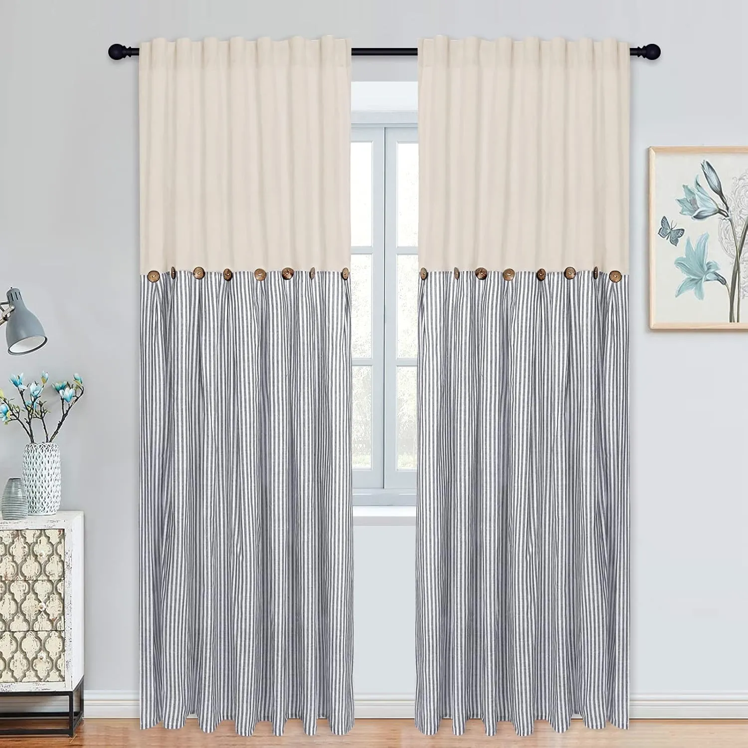Cotton Linen Farmhouse Curtains Rustic Button Boho Curtains for Bedroom Rod Pocket & Back Tab Bohemian Curtains Natural/Blue Stripe Color Block Window Curtain for Living Room(52 x 84 Inch, 2 Panels)