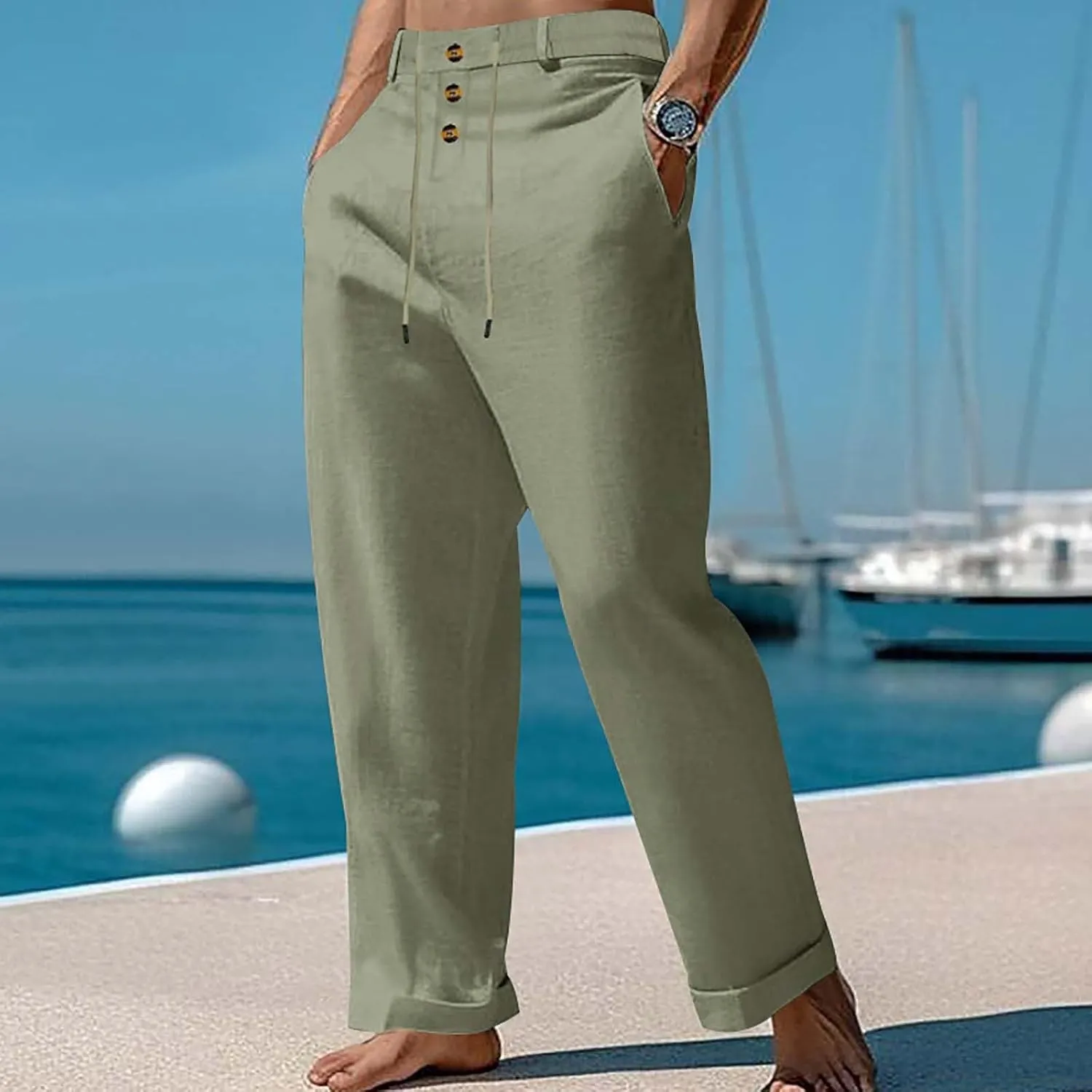 Cotton Linen Pants for Men Elastic Waist Button Down Casual Lightweight Loose Fit Trousers Summer Beach Yoga Pants