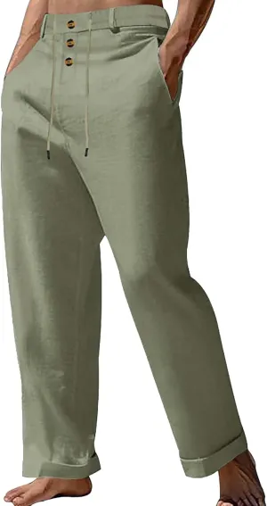 Cotton Linen Pants for Men Elastic Waist Button Down Casual Lightweight Loose Fit Trousers Summer Beach Yoga Pants