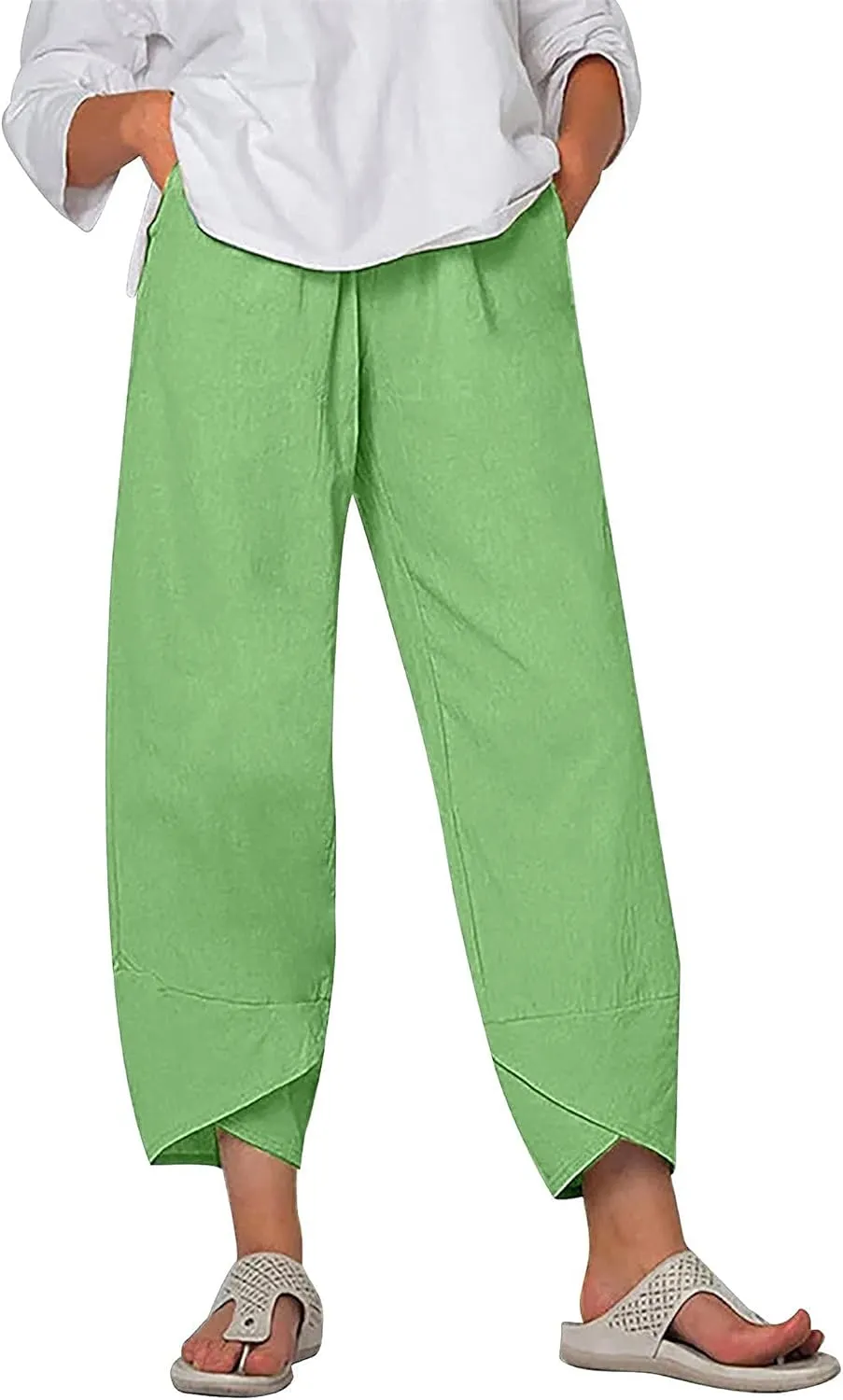 Cotton Linen Pants for Women Summer Casual Capri Pants Waist Elastic Comfy Loose Women's Palazzo Trousers with Pockets