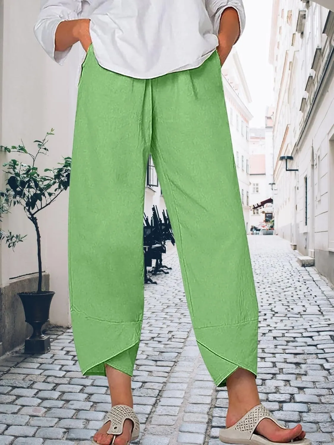 Cotton Linen Pants for Women Summer Casual Capri Pants Waist Elastic Comfy Loose Women's Palazzo Trousers with Pockets