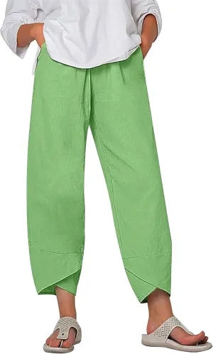 Cotton Linen Pants for Women Summer Casual Capri Pants Waist Elastic Comfy Loose Women's Palazzo Trousers with Pockets