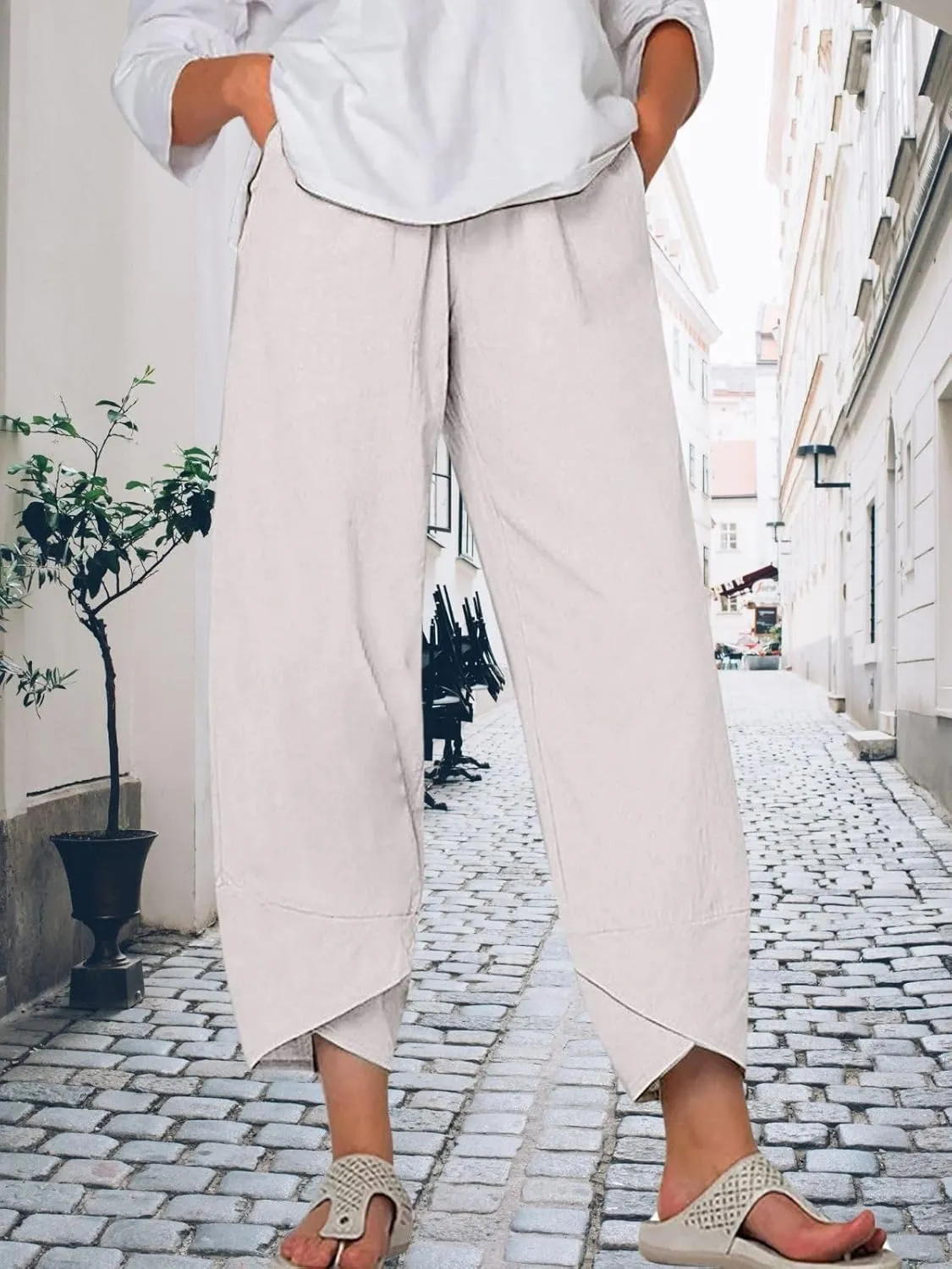 Cotton Linen Pants for Women Summer Casual Capri Pants Waist Elastic Comfy Loose Women's Palazzo Trousers with Pockets