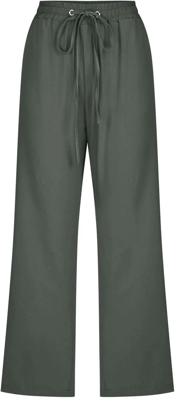 Cotton Linen Pants for Women Trendy 2024 High Waist Drawstring Cropped Pant Trousers Casual Summer Wide Leg Capris
