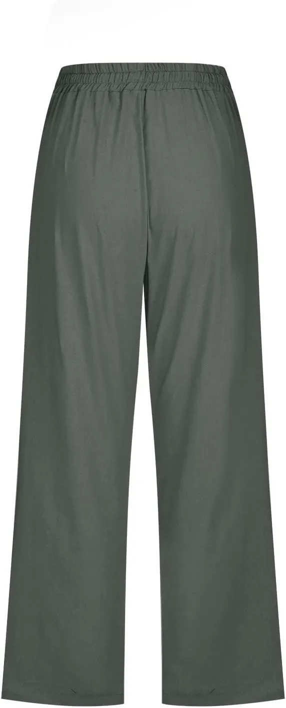 Cotton Linen Pants for Women Trendy 2024 High Waist Drawstring Cropped Pant Trousers Casual Summer Wide Leg Capris