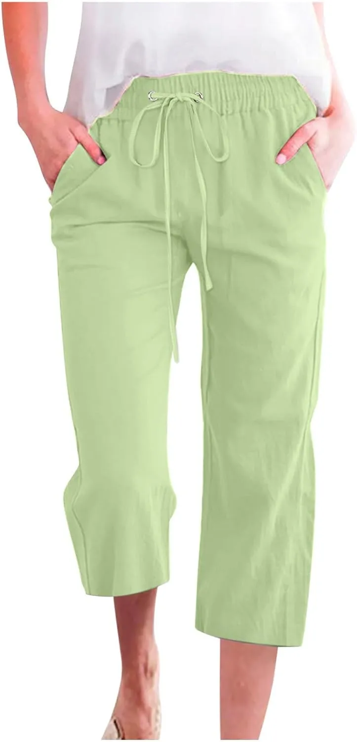 Cotton Linen Pants for Women Trendy 2024 High Waist Drawstring Cropped Pant Trousers Casual Summer Wide Leg Capris