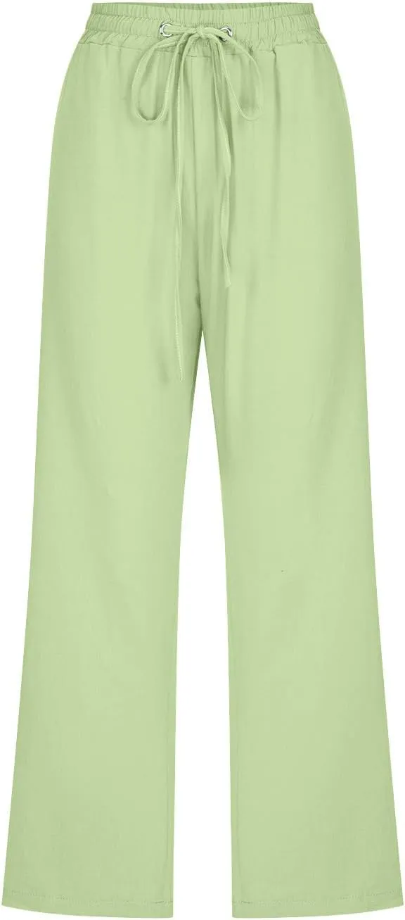 Cotton Linen Pants for Women Trendy 2024 High Waist Drawstring Cropped Pant Trousers Casual Summer Wide Leg Capris