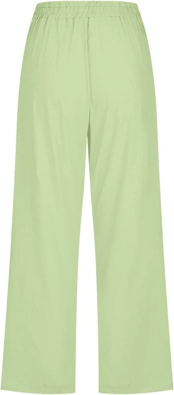 Cotton Linen Pants for Women Trendy 2024 High Waist Drawstring Cropped Pant Trousers Casual Summer Wide Leg Capris