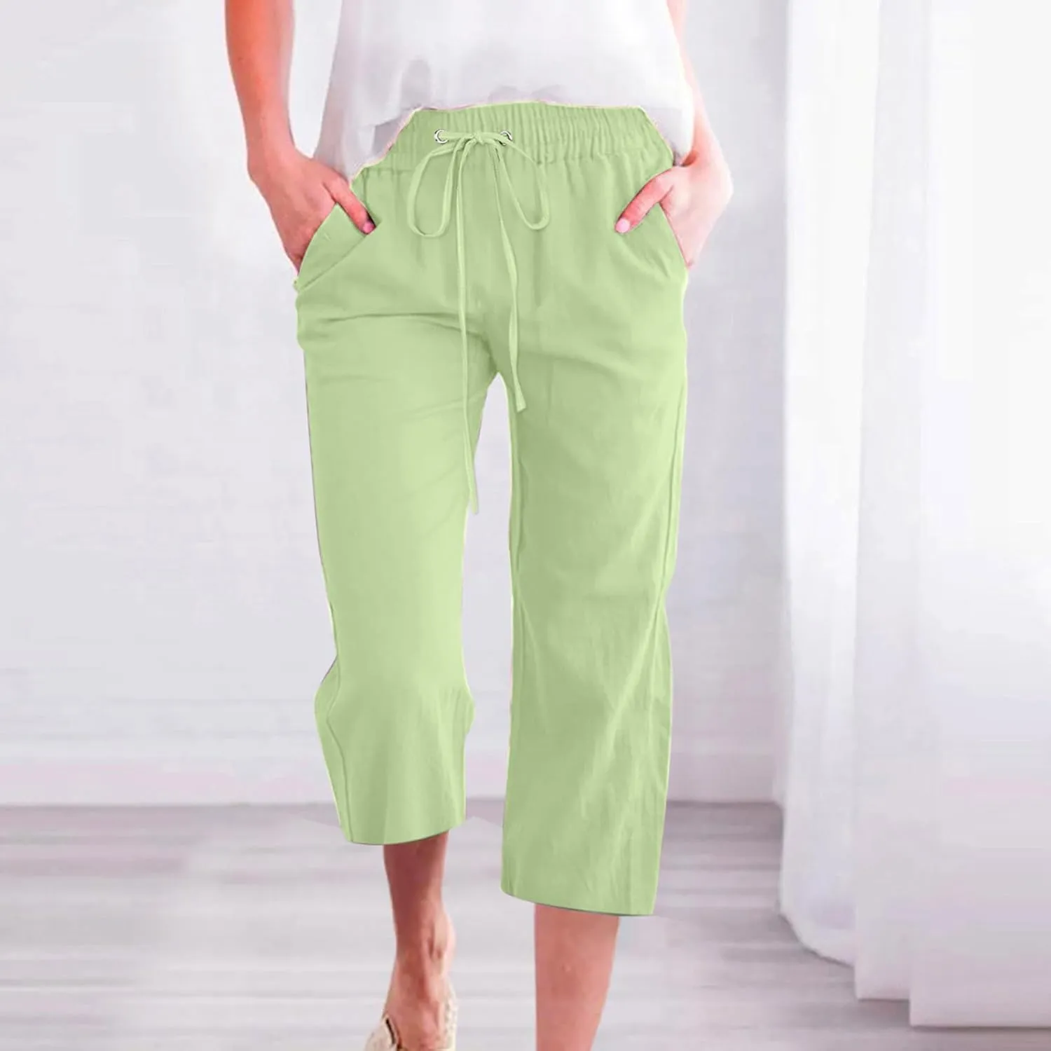 Cotton Linen Pants for Women Trendy 2024 High Waist Drawstring Cropped Pant Trousers Casual Summer Wide Leg Capris