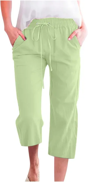 Cotton Linen Pants for Women Trendy 2024 High Waist Drawstring Cropped Pant Trousers Casual Summer Wide Leg Capris