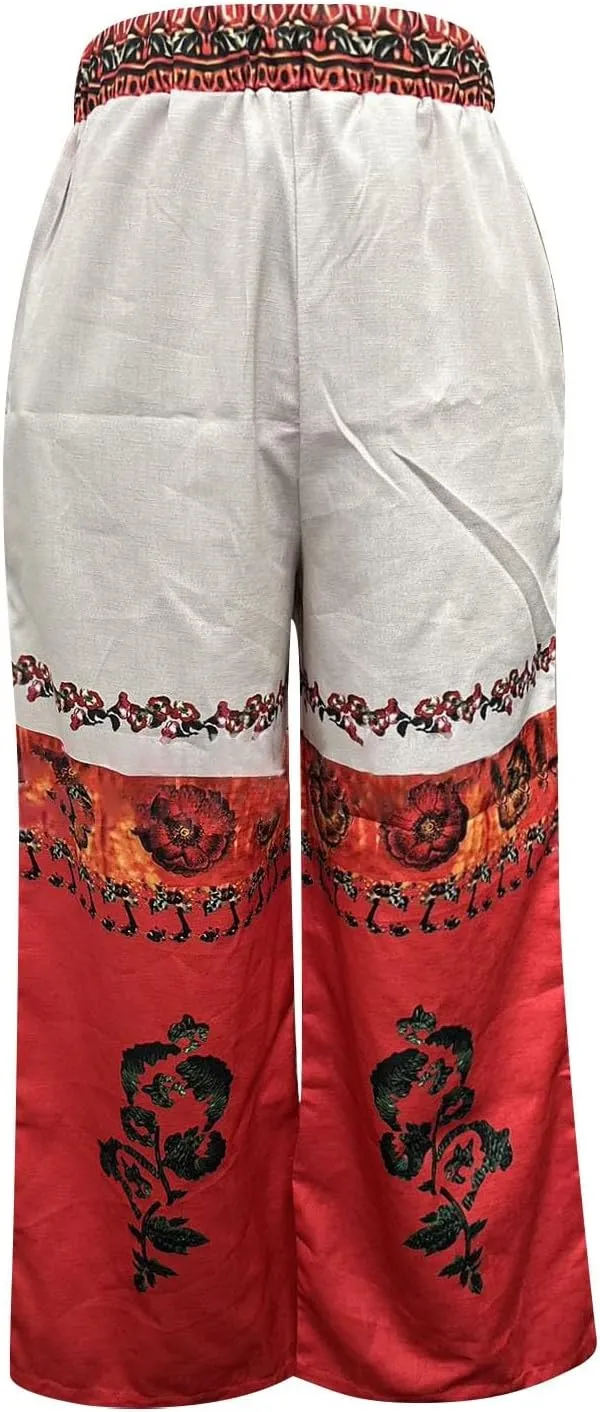 Cotton Linen Pants Womens Retro Art Print Elastic Waist Wide Leg Trousers Fashion Loose Cool Comfy Hipper Streetwear