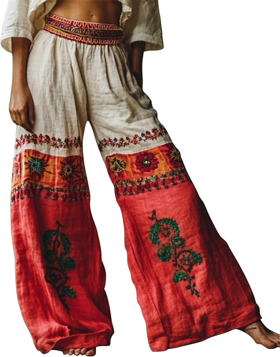Cotton Linen Pants Womens Retro Art Print Elastic Waist Wide Leg Trousers Fashion Loose Cool Comfy Hipper Streetwear