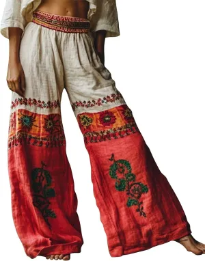 Cotton Linen Pants Womens Retro Art Print Elastic Waist Wide Leg Trousers Fashion Loose Cool Comfy Hipper Streetwear